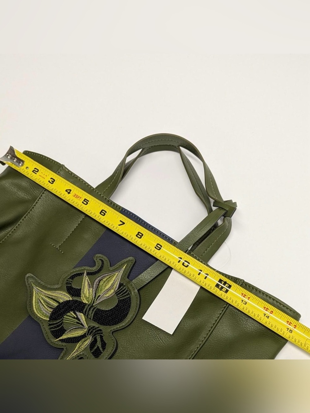 Saks Fifth Avenue Olive Green Tote with Navy Stripe & Floral Snake Bag Charm - Picture 6 of 7